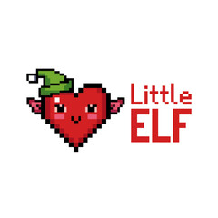 Little Elf strawberry heart, festive cartoon icon, green hat, childish fun, Christmas design, holiday logo, cute vector illustration
