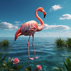 Graceful Flamingo Stands on Two Leg in Shallow Water.