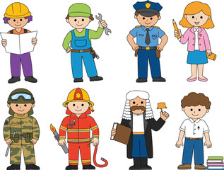 Cartoon children dressed as professionals, educational career roles, kids in job uniforms, diverse occupations illustration, future dream job concept