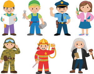 Cartoon children dressed as professionals, educational career roles, kids in job uniforms, diverse occupations illustration, future dream job concept
