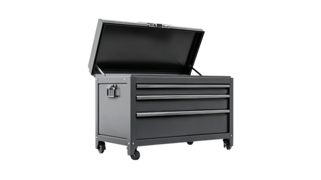 Png of A sleek black toolbox with an open lid, showcasing three spacious drawers, perfect for organizing tools.