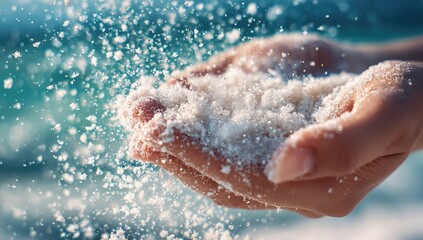 Fototapeta premium Hands gently cupping and releasing white sand, some grains airborne, against a blurred ocean backdrop