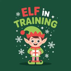 Elf in training, smiling helper, snowflakes around, holiday vector, Christmas cartoon, cute winter character, children artwork, t shirt design
