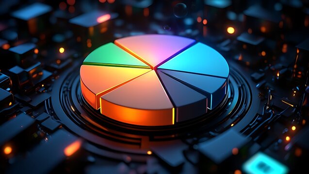 Vibrant multicolored pie chart with glowing segments presented on a dark futuristic technological background with abstract geometric shapes and bokeh effects representing data analysis and digital