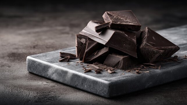 Dark chocolate chunks on marble surface for culinary imagery