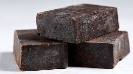 Close up view of handcrafted natural soap bars with rich dark color and textured surface