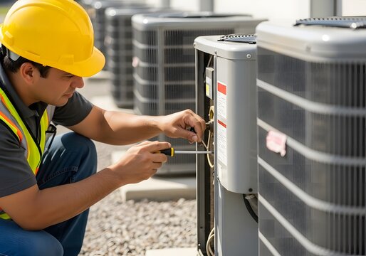 Hvac technician carefully repairs outdoor air conditioning unit with screwdriver and safety gear
