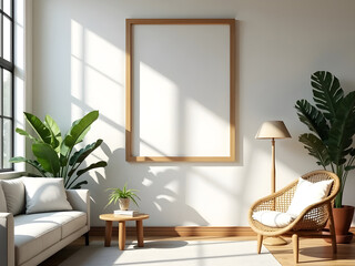 Single vertical iso a0 frame mockup reflective glass mockup poster on the wall of living room