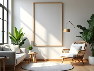Single vertical iso a0 frame mockup reflective glass mockup poster on the wall of living room