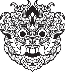 Intricate black and white line art illustration of a Balinese Barong mask, featuring detailed patterns and a fierce expression with prominent teeth.