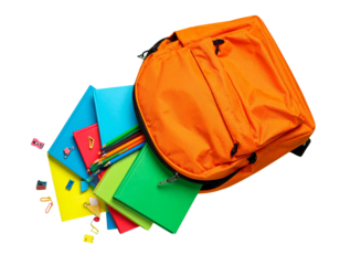 Top-Down View of Open Orange Backpack with Books and Stationery, Transparent Background PNG