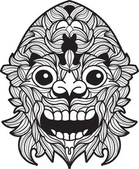 Intricate black and white line art illustration of a Balinese Barong mask, featuring detailed patterns and a fierce expression with prominent teeth.