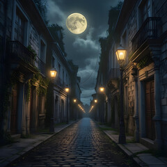 The scene is heavily influenced by the large, bright full moon in the sky, casting light upon the street and buildings.