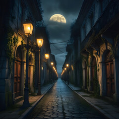 The scene is heavily influenced by the large, bright full moon in the sky, casting light upon the street and buildings.