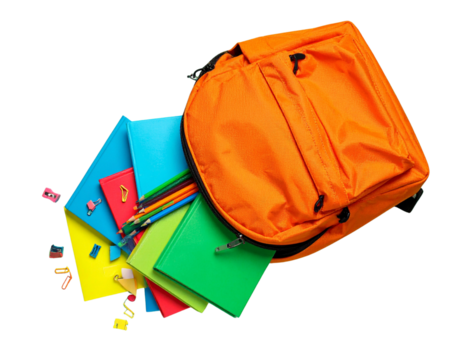 Top-Down View of Open Orange Backpack with Books and Stationery, Transparent Background PNG - Powered by Adobe