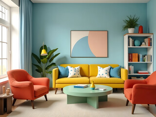 The yellow sofa in the living room is painted in bright colors