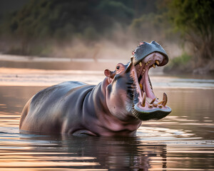 Fototapeta premium Hippopotamus displaying its wide open mouth in a body of water, possibly a river 