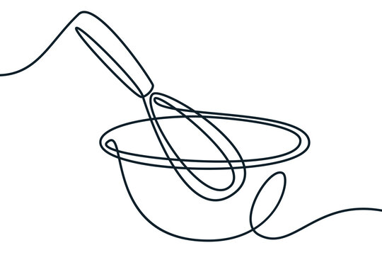 Vector line illustration of whisk and bowl. Concept for baking logo, culinary branding, cooking recipe, food packaging