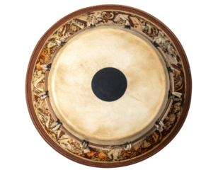 Tabla Percussion Instrument with Wooden Sticks and Cushion Base, Top-Down View, Isolated Transparent Background PNG