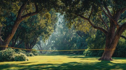 Slackline park balancing, focus, tree framed, leisure activities, calm outdoor scene
