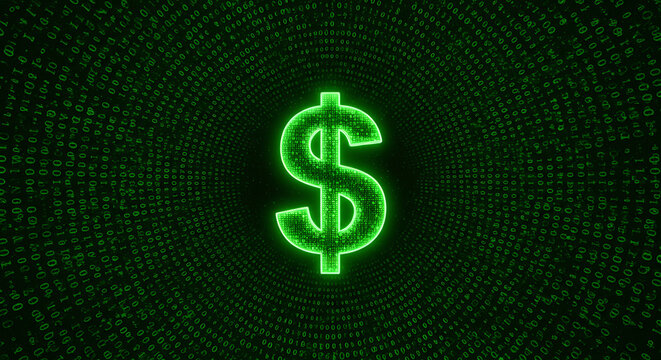 Digital finance illustration showing a dollar sign composed of binary code, symbolizing modern currency.