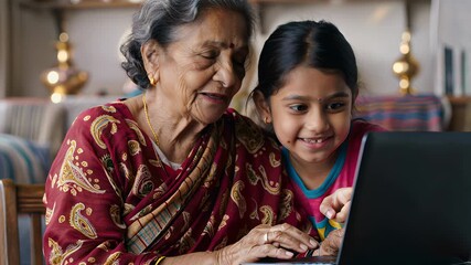 Multigenerational bonding moment depicting elderly grandmother wearing traditional sari learning digital technology from young granddaughter sharing laptop screen with warm interaction - Powered by Adobe