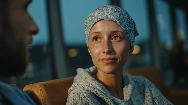 Patient wearing headscarf listening intently to oncologist during night consultation, showing hope and resilience amid cancer treatment