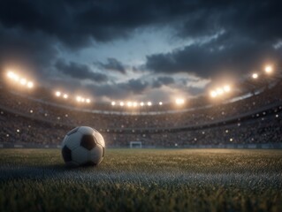 A soccer ball sits on a grassy field in a stadium under dramatic, cloudy night sky. Concept for championship game, competitive sport and athletic event promotion