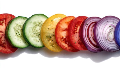 Rainbow-hued arrangement of sliced tomatoes, cucumbers, and red onions, seasoned with pepper, against a bright white background
