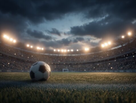 A soccer ball sits on a grassy field in a stadium under dramatic, cloudy night sky. Concept for championship game, competitive sport and athletic event promotion - Powered by Adobe