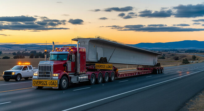 Heavy truck transporting a large concrete beam on the highway. Concept of freight transportation of oversized cargo and logistics