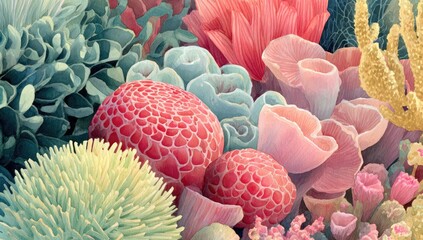 Lush, pastel-toned coral reef illustration featuring diverse textures and soft, organic forms; various coral species in muted pinks, greens, and peaches