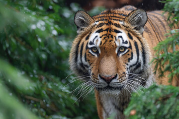 Tiger peers from green foliage, showcasing wild animal photography.