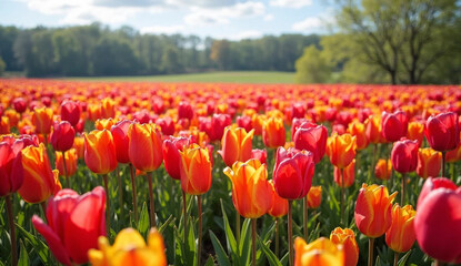 field of red tulips