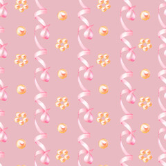 Watercolor ribbon and pearls seamless pattern, illustration hand drawn. Suitable for design, print, for decoration for Women's Day, Mother's Day