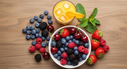 Fresh Mixed Berries and Citrus Drink on Wooden Table  