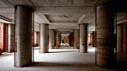 Fototapeta premium Industrial interior space featuring grid columns and concrete structure