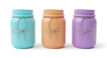 Colorful Mason Jars in Pastel Blue Peach and Purple with Rope Bows on White Background
