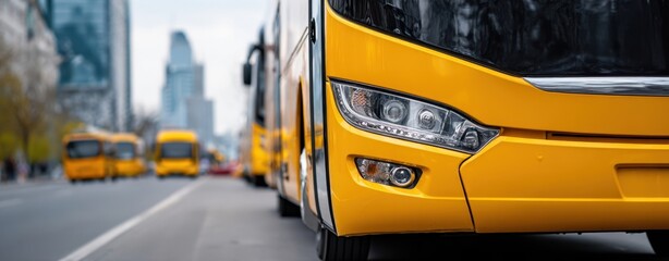 The bright yellow bus parked along the busy city street.