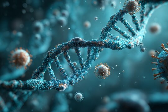 Close-up of DNA strand and virus cells floating in a blue toned, science-related background. Concept for genetic research, vaccine development and medical illustration