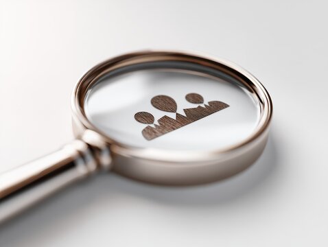 Close-up of a magnifying glass over a people icon on a white surface showing details, concept for human resources, employment search, and team building solutions