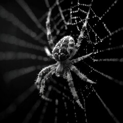 Obraz premium Spider on Web with Dew Drops, Black and White Macro