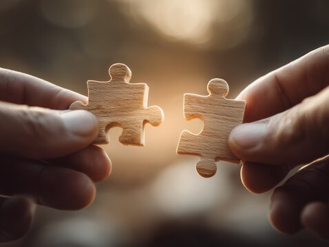 Two hands connecting wooden jigsaw puzzle pieces against a blurred background, concept for teamwork success, problem solving solution and business partnership collaboration