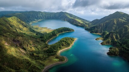 Fototapeta premium serene volcanic lake green hills