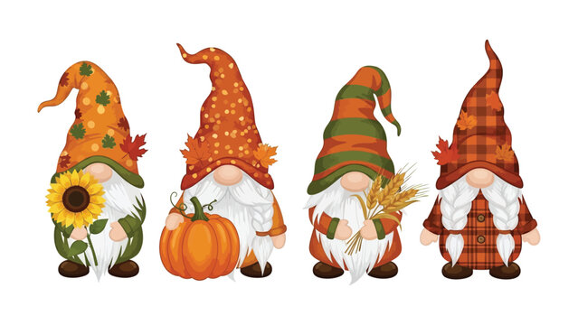 Autumnal Gnome Quartet: A whimsical collection of four autumnal gnomes, each exuding charm with distinctive features, celebrating the essence of fall in a joyful, illustrative presentation.
