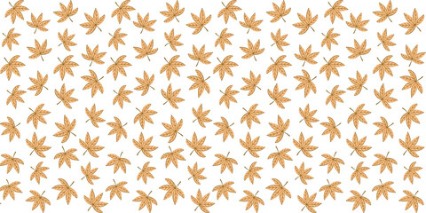 Seamless autumn leaves pattern with hand drawn maple foliage in warm brown and orange tones on a white background. Perfect for seasonal designs, textile prints, and Decorative Project