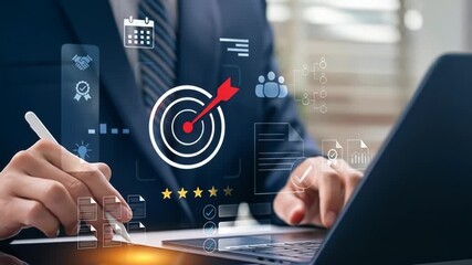 Businessperson using a digital tablet with overlaid business icons, including a target and graph - Powered by Adobe