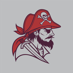 Fierce pirate head profile with red hat skull and crossbones and sword ready for adventure vector