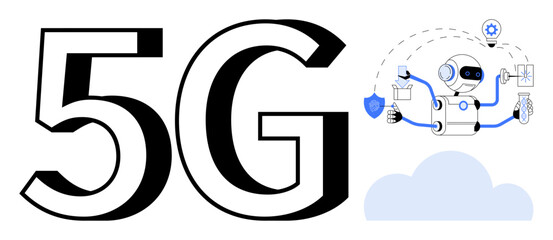 AI robot multitasking with gadgets and data flow near large 5G text and cloud graphic. Ideal for technology, communication, innovation, AI, IoT, automation, wireless connection. Simple flat metaphor
