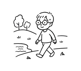 Doodle line comic style vector illustration asian boy with round glasses walking park near water black outline simple imperfect lines minimal details isolated on white